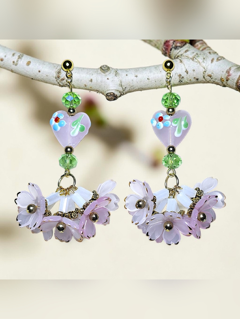 Coquette Pink Cherry Blossom Floral Dangle Earrings Czech Glass Beads